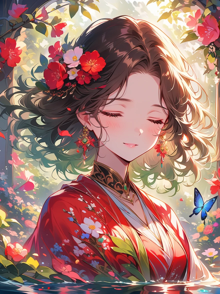Detailed description of the visual element,The color palette is a mix of soft pastels and vibrant spring colors like green.,pink color,This combination evokes blooming flowers and fresh foliage.,Perfect for spring theme,High-quality images integrated into salon interiors,Peaceful environment,1girl standing on the water,Water splashes on the floor of the girl,Some stones have flowers on them,exudes fragrance,Includes before and after photos of customers who received spring makeovers,To highlight the salon's services,Dark Brown Curly Hair,Wearing a bright red salwar suit,focus,Close Range,Watch,Close your eyes,Surround her with spring graphics,For example, flowers and butterflies,Symbolizes the changing seasons and the essence