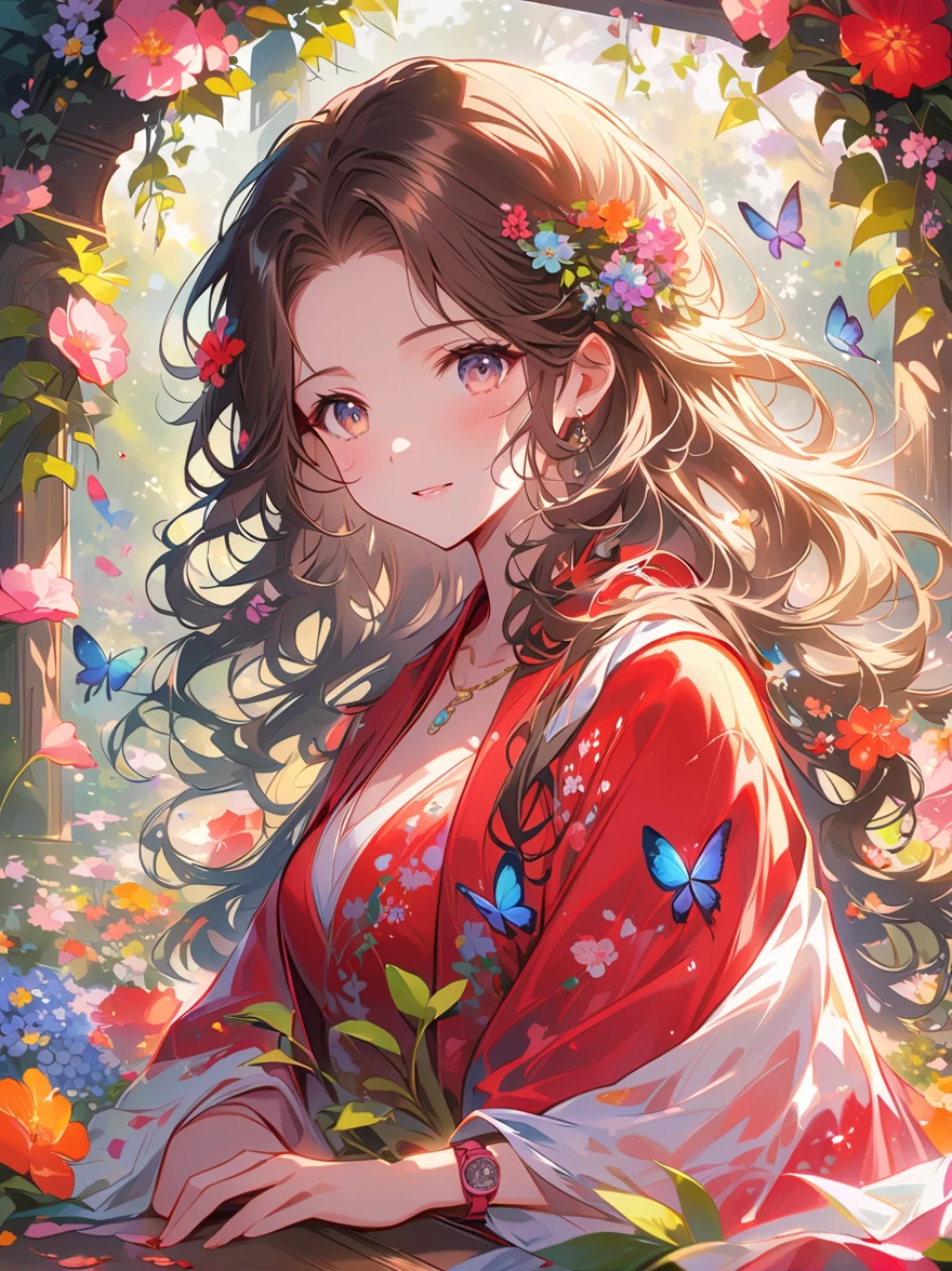 Detailed description of the visual element,The color palette is a mix of soft pastels and vibrant spring colors like green.,pink color,This combination evokes blooming flowers and fresh foliage.,Perfect for spring theme,High-quality images integrated into salon interiors,Peaceful environment,1girl standing on the water,Water splashes on the floor of the girl,Some stones have flowers on them,exudes fragrance,Includes before and after photos of customers who received spring makeovers,To highlight the salon's services,Dark Brown Curly Hair,Wearing a bright red salwar suit,focus,Close Range,Watch,Close your eyes,Surround her with spring graphics,For example, flowers and butterflies,Symbolizes the changing seasons and the essence