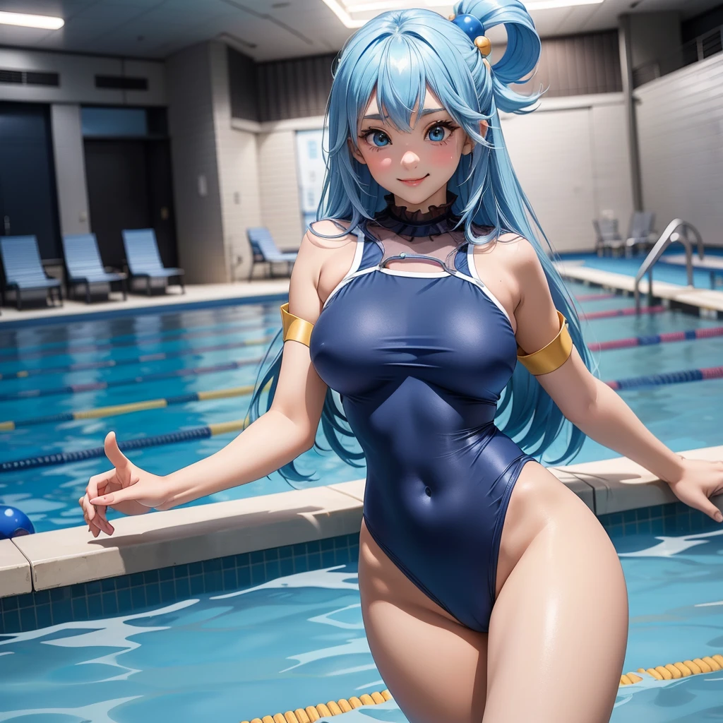 girl、(((one person)))、(School Swimsuit:1.3、Face Enhancement:1.3, )、************、Detailed Hair、Blue Hair、Sexy pose、from below、highest quality、Super detailed、Surreal、perspective、Very detailed、Detailed Background、C cup bust、Thighs、A light smile、Competition Pool