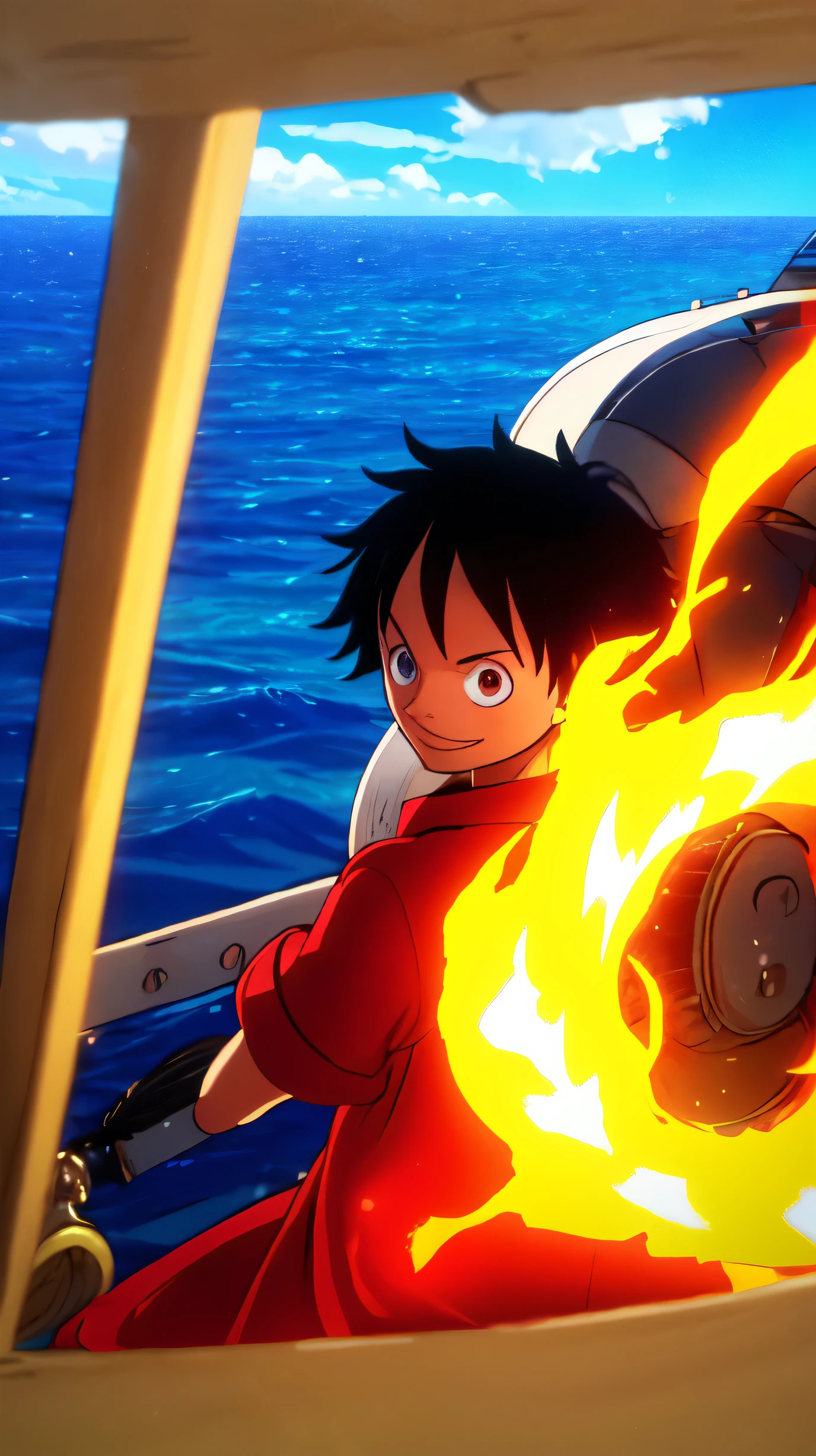 1boys, wanostyle, monkey d luffy, Smiling, Straw hat, look viewer, solo, ((masterpiece)), (Best quality), (Extremely detailed), Depth of field, sketch, dark intensive shadows, Sharp focus quality, hdr, Colorful, Good composition, There were fires all around, spectacular, Closed shirt, Anime screenshots, Scars under the eyes, getting ready to fight, Dark eyes，deep of field，ocean background，ship，sunrays，Red clothes，back view , seeing the vast ocean view from his boat