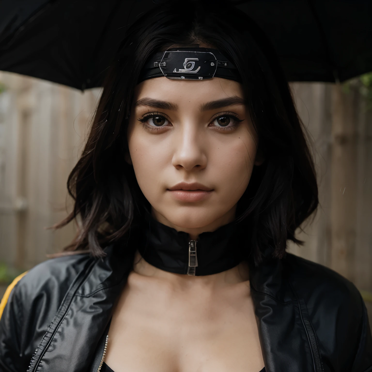 woman (naruto), 1 girl, alone, chest, yellow_eyes, on_body, look_to_at_side, put on makeup, zipper, rain, paper, nose, open cloats, paper jutsu, on body, Akatsuki set, labret piercing