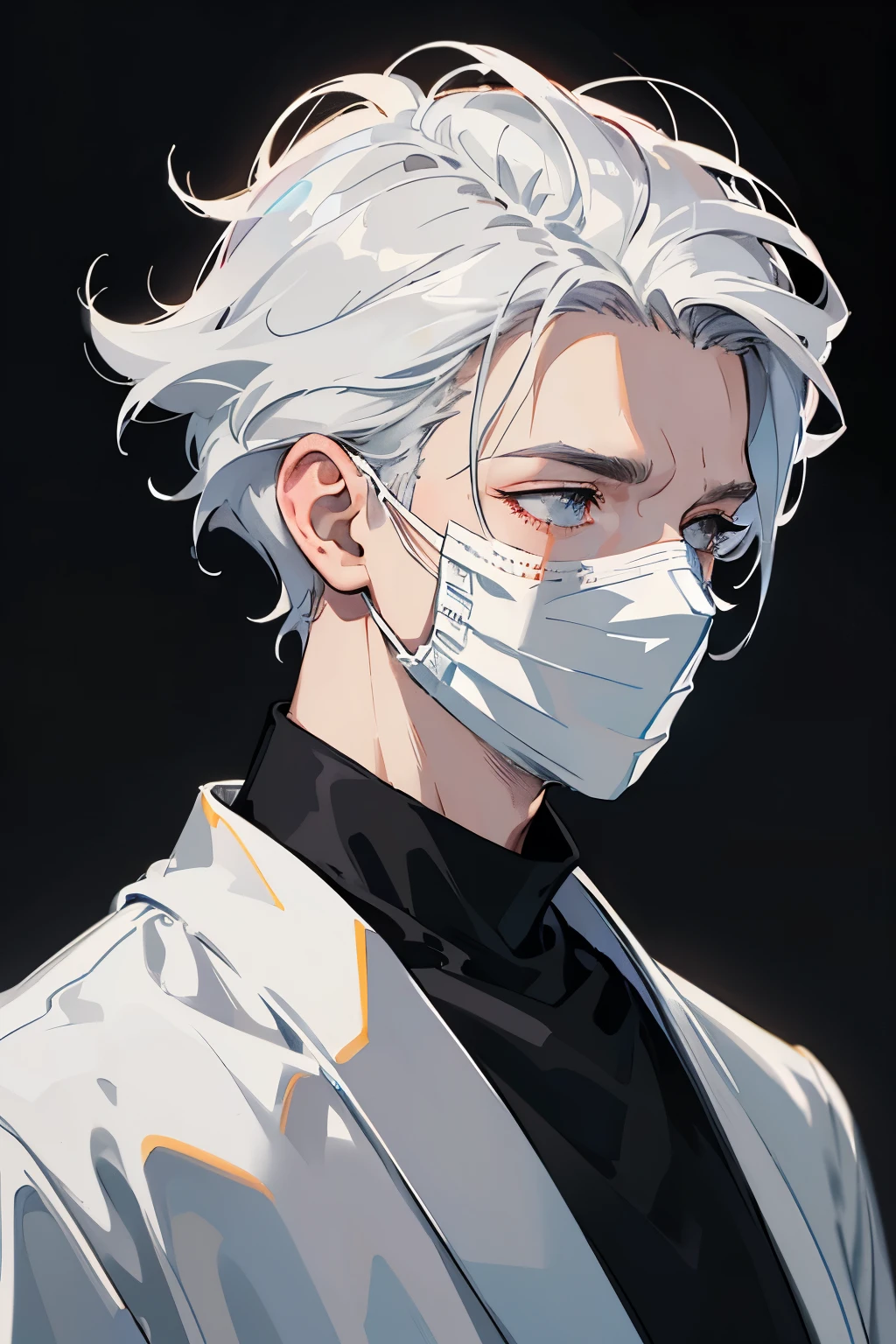 (masterpiece, best quality), ((1boy)), handsome, pale white skin, white hair, messy hair, (face mask), (black mask:1.4), hair over eyes, visible jawline, side face, looking away, ((pov looking away)), (hair over eyes:1.4), sharp chin, ((grey tshirt)), portrait, side portrait, skinny body, blue sky background, profile picture, professional art, artwork, fabulous artwork, HD, 4k, 8k, studio lighting, ultra-detailed, boy
