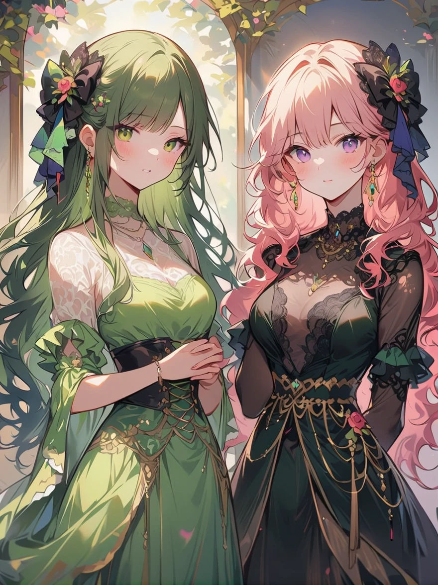 ((High quality work)), Simple and clean lines, The green dress and beautiful ruffled lace complement each other, Enriches the layering of the entire picture, Elegant Edwardian lace dresses and princess dresses add a lot of color to the character, Hands behind back gesture , It also shows the gentle and elegant side of women.