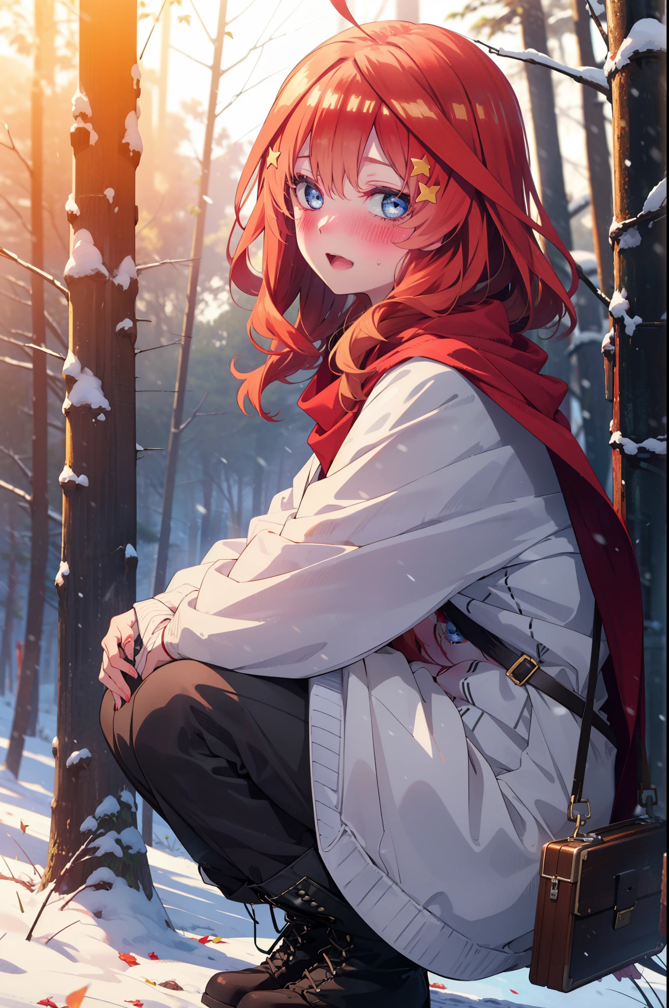 itsukinakano, Itsuki Nakano, bangs, blue eyes, Hair between the eyes, Ahoge, Redhead, star \(symbol\), hair ornaments, star hair ornaments,smile,blush,White Breath,
Open your mouth,snow, fire, Outdoor, boots, snowing, From the side, wood, suitcase, Cape, Blurred, Increase your meals, forest, White handbag, nature, Squat, Mouth closed, フードed Cape, winter, Written boundary depth, Black shoes, red Cape break looking at viewer, Upper Body, whole body, break Outdoor, forest, nature, break (masterpiece:1.2), highest quality, High resolution, unity 8k wallpaper, (shape:0.8), (Beautiful and beautiful eyes:1.6), Highly detailed face, Perfect lighting, Highly detailed CG, (Perfect hands, Perfect Anatomy),