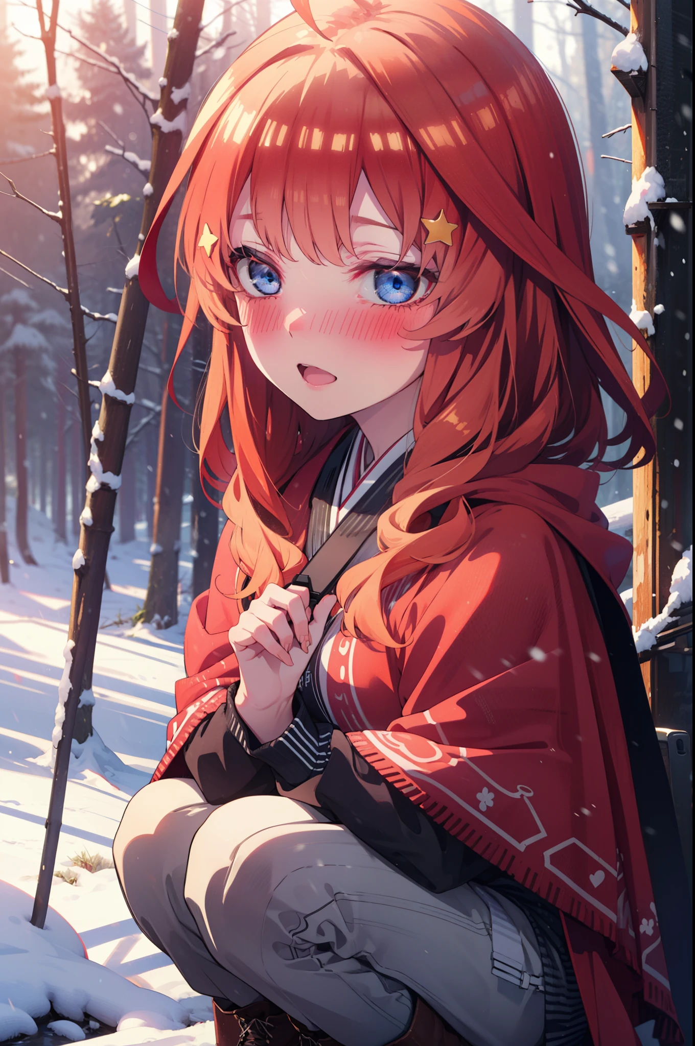 itsukinakano, Itsuki Nakano, bangs, blue eyes, Hair between the eyes, Ahoge, Redhead, star \(symbol\), hair ornaments, star hair ornaments,smile,blush,White Breath,
Open your mouth,snow, fire, Outdoor, boots, snowing, From the side, wood, suitcase, Cape, Blurred, Increase your meals, forest, White handbag, nature,  Squat, Mouth closed, フードed Cape, winter, Written boundary depth, Black shoes, red Cape break looking at viewer, Upper Body, whole body, break Outdoor, forest, nature, break (masterpiece:1.2), highest quality, High resolution, unity 8k wallpaper, (shape:0.8), (Beautiful and beautiful eyes:1.6), Highly detailed face, Perfect lighting, Highly detailed CG, (Perfect hands, Perfect Anatomy),