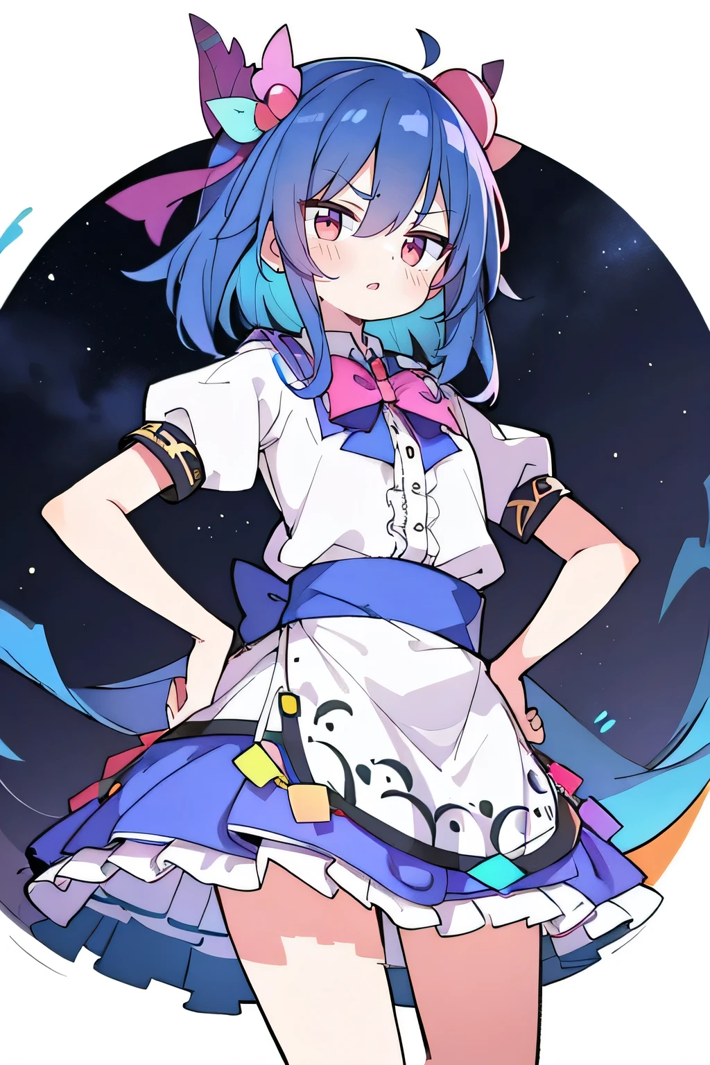 (masterpiece),best quality, expressive eyes, perfect face, 1girl,
Put your hands on your waist,fair, Gorgeous,Japanese cartoons,girl,lola,Hina Angel, blue hair, blue haired, floating clothes,Grab your waist, Grab your waist, hands on hips , hands on hips,sit, sit on ground, Legs on the ground, flat chest,starry sky,Pink eyes,
