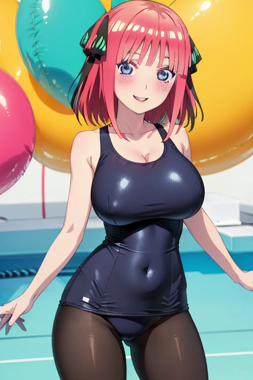 best quality, ultra-detailed masterpiece, anime art style, cute characters, nino nakano, one-piece swimsuit, large breasts, pantyhose, blush, smile