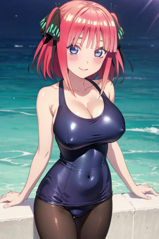 best quality, ultra-detailed masterpiece, anime art style, cute characters, nino nakano, one-piece swimsuit, large breasts, pantyhose, blush, smile