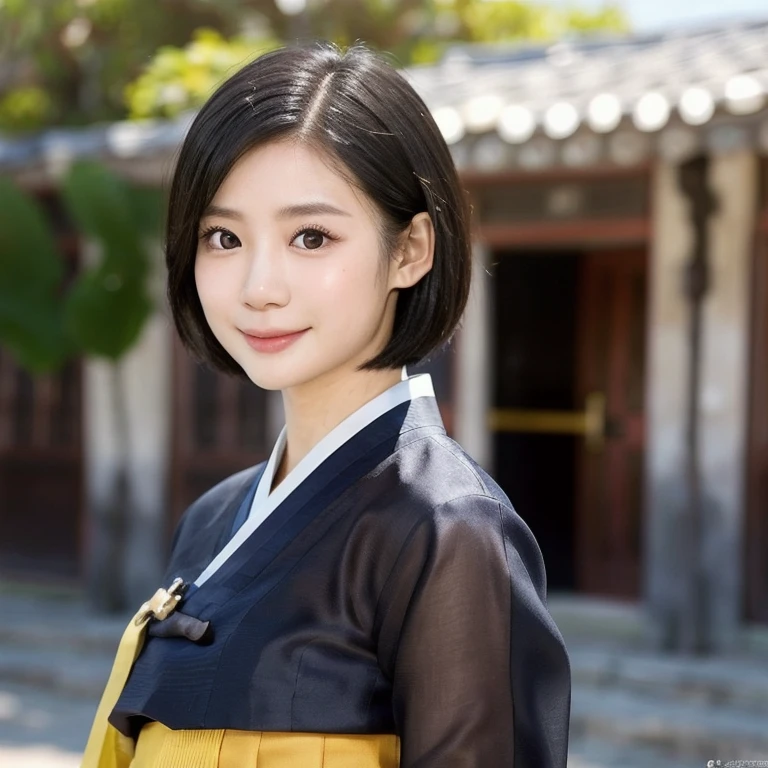 (kawaii 24 year-old Japanese girl, Nogizaka idol, Korean idol), (glossy black hair, very short hair, pixie cut:1.3), hair ornaments, (rounded face, black eyes, single eyelid, no makeup, soft smiling:1.2), (wearing silky bright yellow concept Hanbok, silky bright yellow concept Korean traditional cloth:1.3), (flat chest, extra small breasts:0.8), (looking at viewer:1.2), BREAK, (sunny day outside background:1.3), (view from forward, portrait, close shot:1.3), BREAK, (masterpiece, best quality, photo realistic, official art:1.4), (UHD, 8K quality wallpaper, high resolution, raw photo, golden ratio:1.2), (shiny skin), professional lighting, physically based rendering, award winning, (perfect anatomy, highly detailed skin, extremely detailed face and eyes), Carl Zeiss 85 mm F/1.4, depth of field, 1girl, solo,