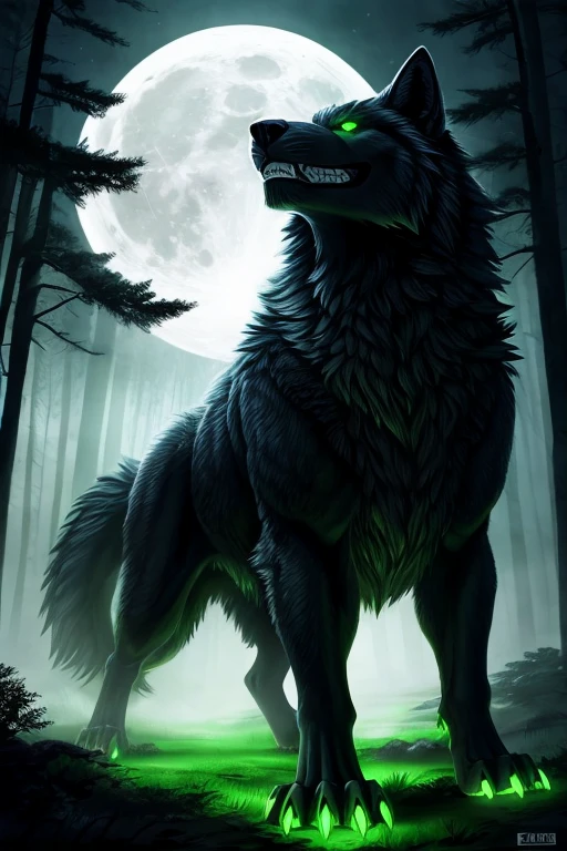 Feral dire wolf. Heavyset. Muscular. Playful grin. White fur. Black underside. Magical glowing green eyes. Red claws. Eerie forest background. Heavy fog. Eerie glowing landscape. Full moon rising.