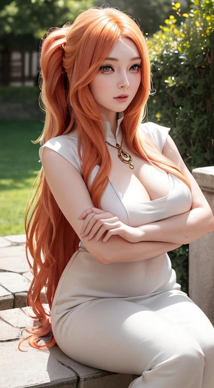 uzumaki_kushina, large_breasts, red long hair, green eyes,standing, solo, ponytail,, masterpiece, best quality, detailed face, detailed eyes, highres,ultra realistic 8k cg, picture-perfect face, flawless, clean, masterpiece, professional artwork, famous artwork, cinematic lighting, cinematic bloom, Best quality, masterpiece, high resolution, 1girl, clear silk porcelain dress, beautiful face, hair accessories, looking at the audience, smiling, close your mouth, Full body portrait of a beautiful ethereal woman, her very long gold hair cascading down in soft waves, framing a face of extreme detail and elegance. Her eyes, big and colorful, boast three gradient silver shades of eyeshadow and eyeliner, accentuating her double eyelids and long lashes. Rosy cheeks adding a touch of warmth to her ethereal beauty, and her skins glossy texture shines in the cinematic light, highlighting each and every realistic pore and Wrinkle. Full lips adorned with golden glitter on her silver lipstick, complementing the gold and silver jewels she wears around her neck and wearing a scarf,she is the elemental goddess of Gold,Goddess makeup,perfect anatomy,perfect proportion,long legs,super model figure,36-24-36,golden ratio,  8k UHD, DSLR, soft light, high quality, volumetric lighting, photo, high resolution 4K, 8k, blurred background 