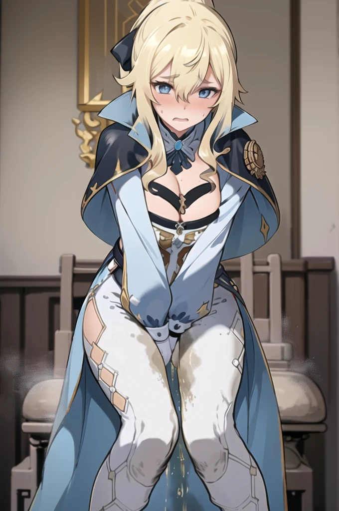 1girl,(solo:1.5),(solo focus:1.5),jean,long hair,bangs,blue eyes,blonde hair,bow,bangs,hair between eyes,ponytail,hair bow,sidelocks,gloves,belt,capelet,cleavage,pants,white pants,detached sleeves,detached collar,large breasts,standing,wetting self,(pee stain:1.25),tight dress,embarrassed,humiliated,medieval town with windmills in the background,(best quality,4k,8k,highres,masterpiece:1.2),ultra-detailed,vivid colors,sharp focus,long hair flowing in the wind,expressions of desperation and embarrassment captured perfectly,medieval cityscape as the background,intricate details in her face and hair,subtle reflections in her blue eyes,subtle blush on her cheeks,revealing her embarrassment,intricate details depicting the large pee stain on Jean's pants,(knees together, feet apart:1.5), hands between thighs