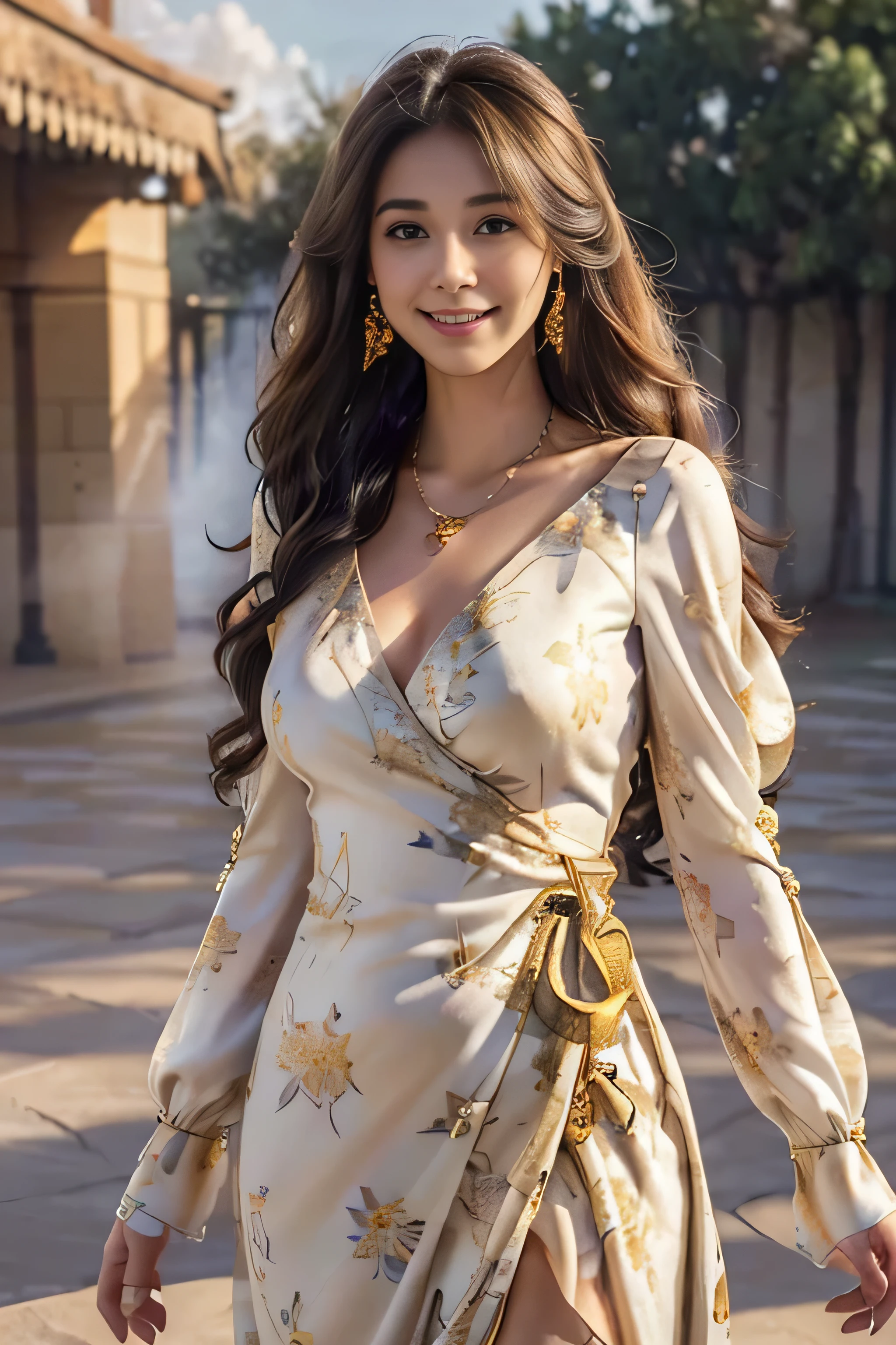 ((Beautiful girls:1.3))((thin_fabric:1.4))((I'is working:1.3))((Big Breasts:1.2))((close:1.2)) highest quality、Pieces fly、Ultra-high resolution、(Realistic:1.4)、RAW Photos、(Real skin texture:1.3)、(Film Grain:1.3)、Panorama、Portraits、Very wide shot、Tight waist、Cowboy Shot、(In the Dark、Deep Shadow、Modest、Cold Light、)night、((Loosely wavy hair:1.2))、Tears flow、、Dust、Tyndall effect、(Performance)、One Girl、Beautiful and detailed eyes and face、White Jabot、Brown eyes、((brown super long hair:1.2)) (smile:1.3))((a shy smile:1.3))、((Gold Necklace_Big earrings:1.2)),(((abstract floral dress_Long sleeve_Wrap Dress:1.3)))((light rays,Tyndall effect,outdoor,cloud:1.4)),