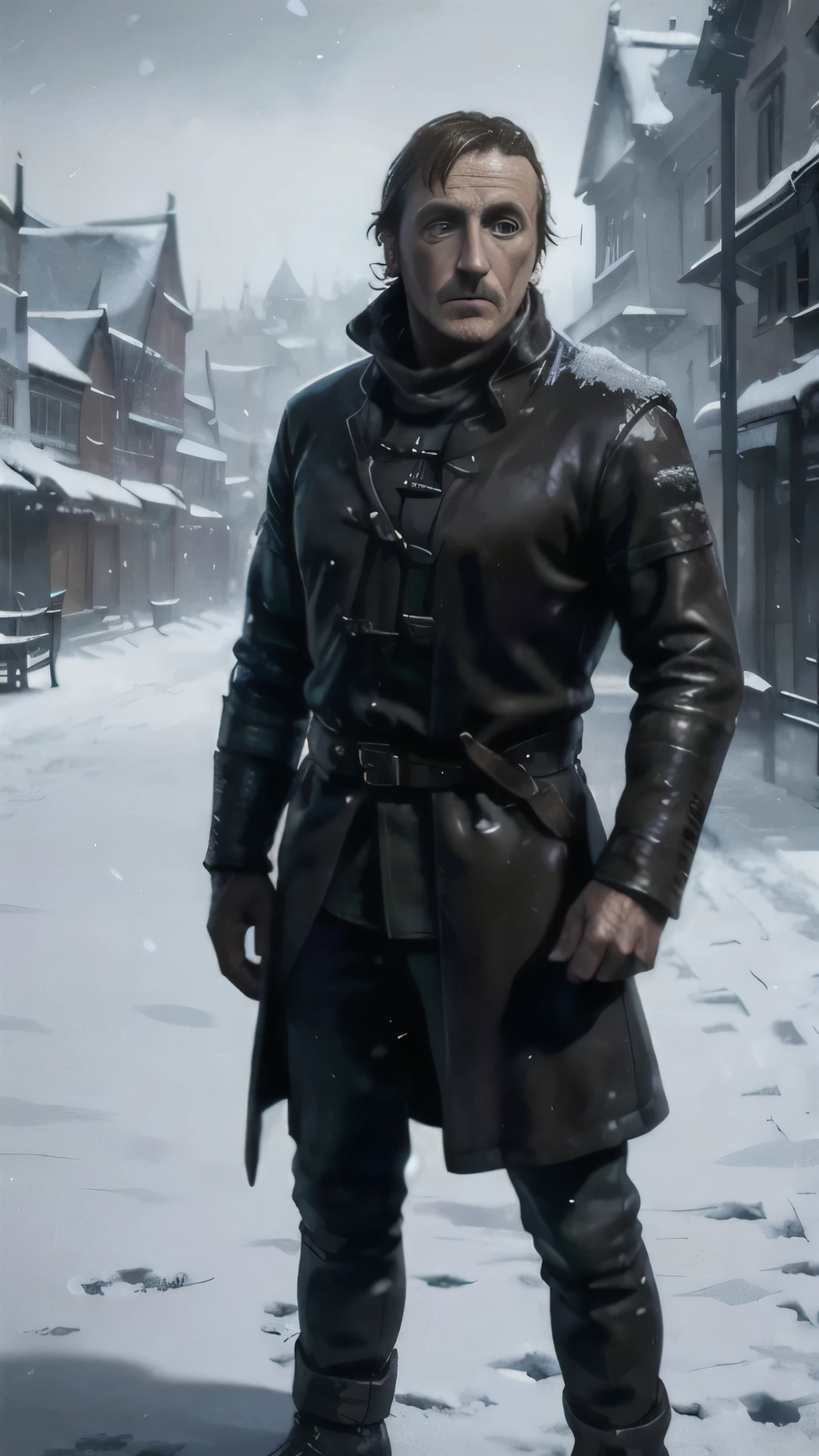 frostpunk, ((Jerome Flynn)) as Bronn, black leather frostpunk coat, gun, standing, near a bar, winter, snow, (1man), (solo), (full body view), beautiful detailed glow, detailed, cinematic light, intricate detail, realistic, highres, detailed facial features, high detail, sharp focus, smooth, aesthetic, extremely detailed, stamp, octane render