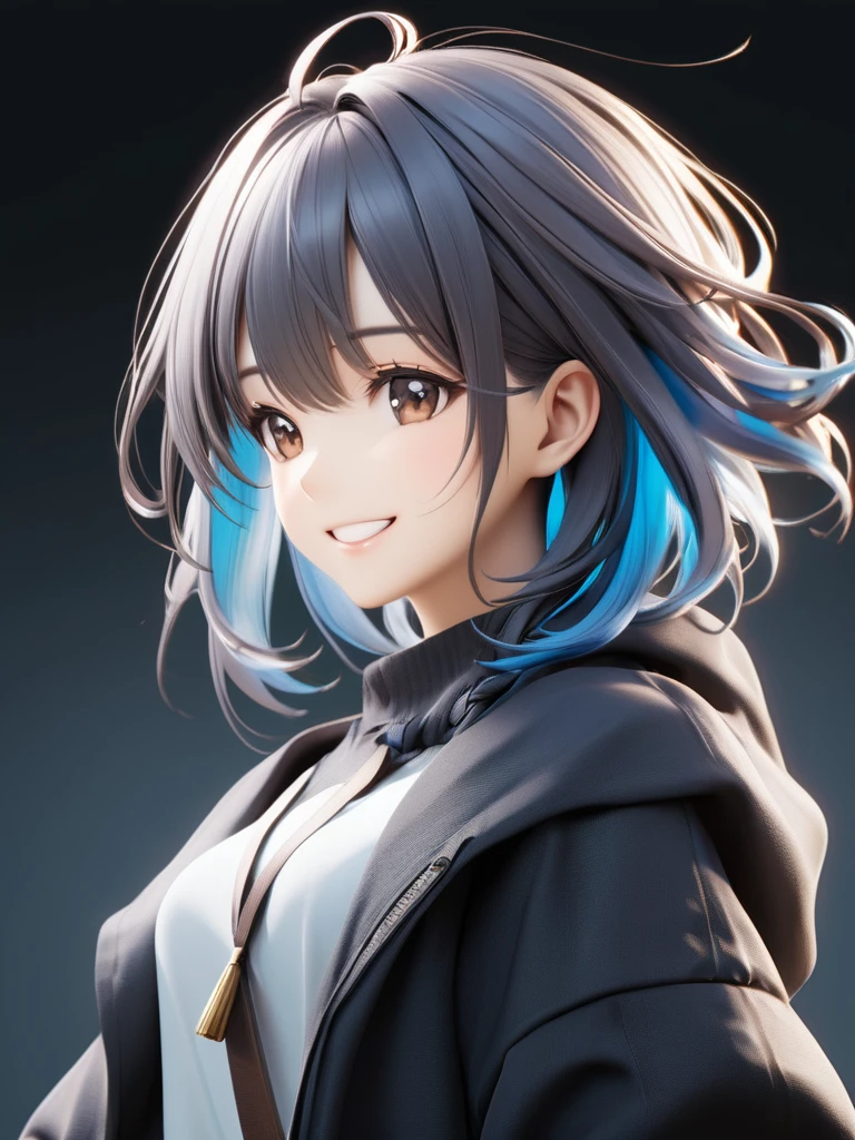 3D figure, (masterpiece:1.2), (best quality),(ultra detailed),(extremely detailed),(absolutely resolution) ,absurdres,8k, 
BREAK, 1girl, solo, gradation hair, messy hair, grin,