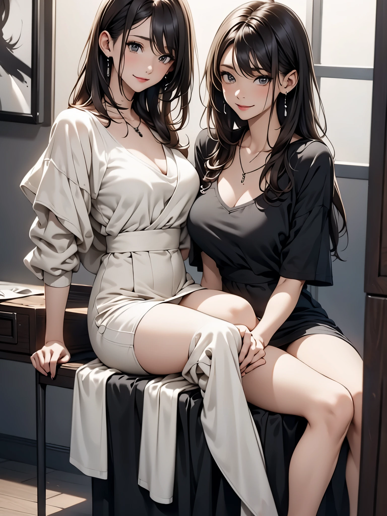 Two Women. (Left woman wearing sexy black dress looking at camera.) (Woman on right looking at camera wearing sexy white dress) Selfie pose. perfect face. perfect fingers. big bust.