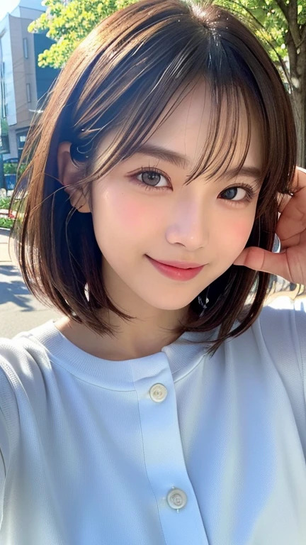(((Definitely a shoulder-length, short, straight brown bob)))、(((She is posing like a hair salon model with a summer park in the background.)))、(((Random and cute street fashion)))、Close-up of face、Half Japanese, half Korean、18 year old girl、Standing Alone、Looking forward、Light eye makeup、Brown Hair Color、Flat and 、Hair blowing in the wind、Actress Quality、Glossy, ultra-realistic face、Smiling face、Watery eyes、Gazing Up、Subtle lighting effects、 Ultra-Realistic Capture、Very detailed、High resolution 16K close up of human skin。Skin texture must be natural、The details must be such that pores can be clearly seen、The skin is healthy、Uniform tone、Use natural light and colors、High quality images taken by a model agency's exclusive photographer、smile