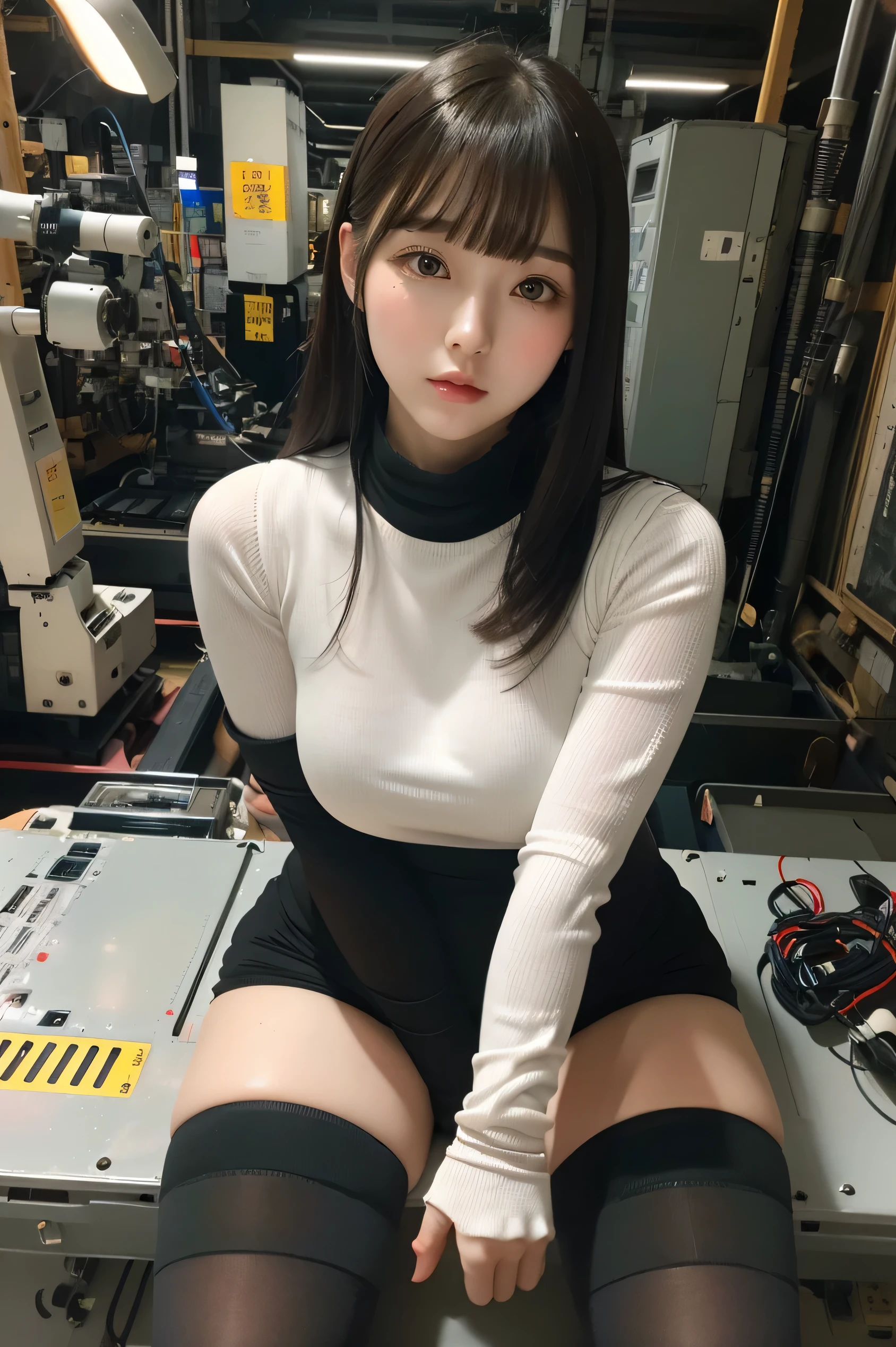 masterpiece, best quality, extremely detailed,8k portrait,Japaese android girl,Plump , control panels,android,Droid,Mechanical Hand, Robot arms and legs, Black hair,Blunt bangs,perfect robot girl,long tube,thick cable connected her neck,android,robot,humanoid,cyborg,japanese cyborg girl ,future laboratory,connecting a cable between the legs,skirt, high socks,（blue eyes:1.5）