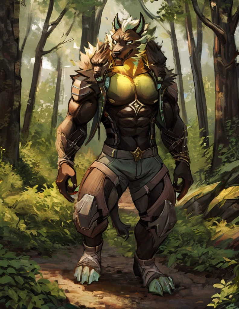 Cerberus, male anthro, shorts, digitigrade, forest, abs, pecs, 