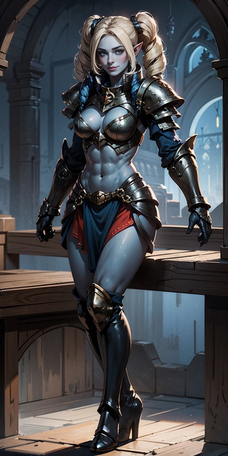 full body sitting on a bench showing ass to me, BLUE breastplate, BLUE skin (1girl)(BLUE skin:1.2), looking at viewer, shiny, armor, thigh highs, high boots, pauldrons shoulder armor, faulds, poleyn, gloves, gauntlets, rerebrace armored boots, (masterpiece, best quality, ultra-detailed, best shadow) yordle pointy ears muscular lean platinum blonde long twin-tails hairstyle at the office lustful smirking smile face red blushed, blush, strong abs, female body builder, tiara, twin drills hair