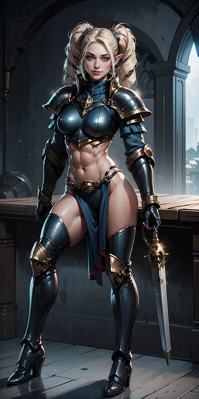 full body sitting on a bench showing ass to me, BLUE breastplate, BLUE skin (1girl)(BLUE skin:1.2), looking at viewer, shiny, armor, thigh highs, high boots, pauldrons shoulder armor, faulds, poleyn, gloves, gauntlets, rerebrace armored boots, (masterpiece, best quality, ultra-detailed, best shadow) yordle pointy ears muscular lean platinum blonde long twin-tails hairstyle at the office lustful smirking smile face red blushed, blush, strong abs, female body builder, tiara, twin drills hair