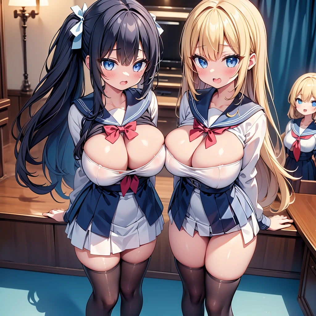highest quality,wonderful,finely,extremely detailed CG Unity 8K wallpaper, (Stand in line:1.4), (5 girls, cute eyes, sailor uniform, clothed), (huge breasts), (open mouth:1.1), (long tongue:1.1), (mouth drool:1.1), (black stockings:1.1),(Thighs:1.1),(Waistline:1.1)