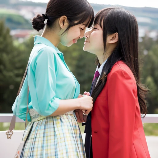 Two Japanese junior high school girls in revealing clothes kissing