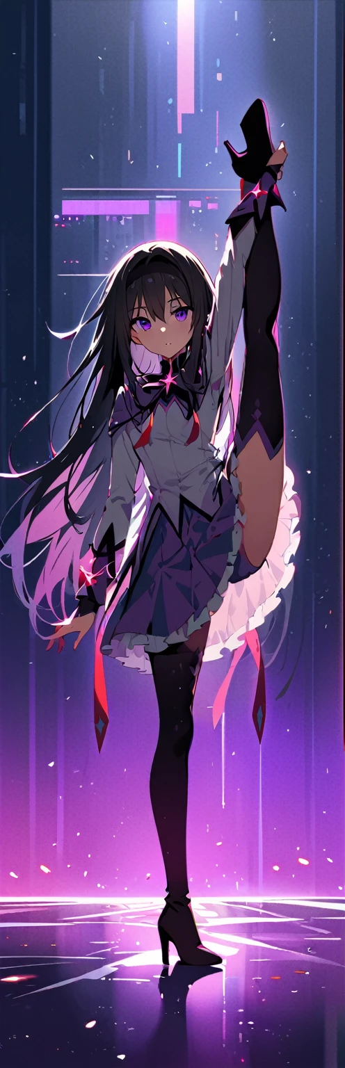 (highest quality:1.2),One girl,alone,Are standing_Split,homu，Magical Girl Clothes，boots，Purple eyes,Long Hair,Black Hair,bangs，Hair between the eyes,pixelated background,Neon Light,SF color scheme,Vibrant colors,Metallic texture,detailed shading,Holographic interface,Dark atmosphere,High Contrast,Sharp focus,twig of hair,Reflective surface,Exquisite detail,High resolution,Studio Lighting,Red accents,Illuminated surroundings,Artificial Intelligence Assistant