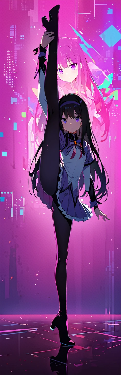 (highest quality:1.2),One girl,alone,Are standing_Split,homu，Magical Girl Clothes，boots，Purple eyes,Long Hair,Black Hair,bangs，Hair between the eyes,pixelated background,Neon Light,SF color scheme,Vibrant colors,Metallic texture,detailed shading,Holographic interface,Dark atmosphere,High Contrast,Sharp focus,twig of hair,Reflective surface,Exquisite detail,High resolution,Studio Lighting,Red accents,Illuminated surroundings,Artificial Intelligence Assistant