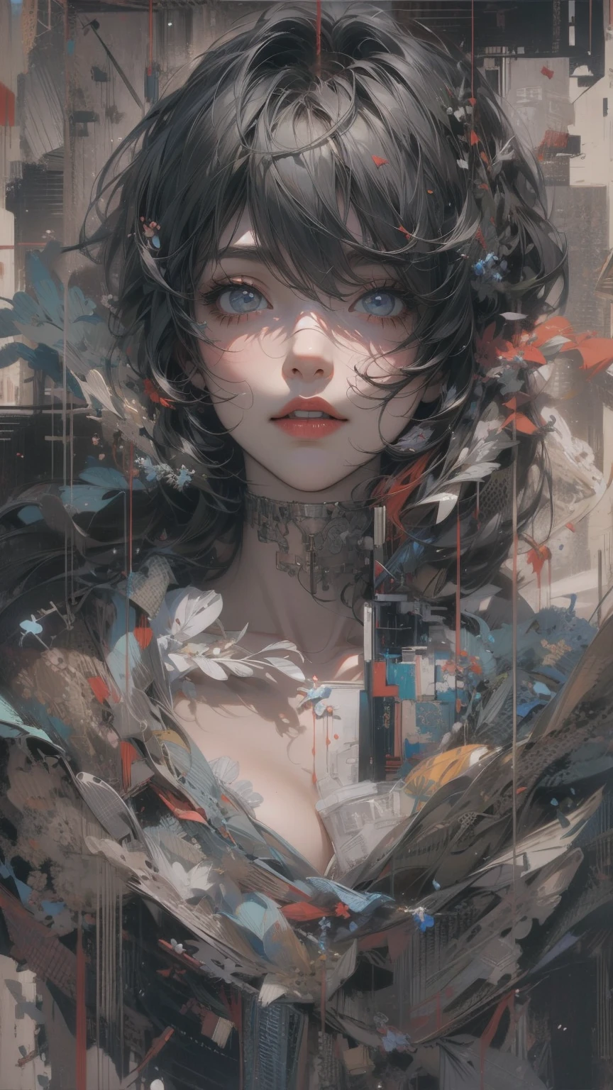 (masterpiece, High resolution, highest quality), Composition from head to thighs:1.3, Upper body focus, 20-year-old woman, Wearing a large piece of black cloth:1.2, Disorganized, Distorted Collage, abstract design, artistic juxtapositions, Black Background, mixed-media approach, Anime Style, Simple lines, Digital Painting,