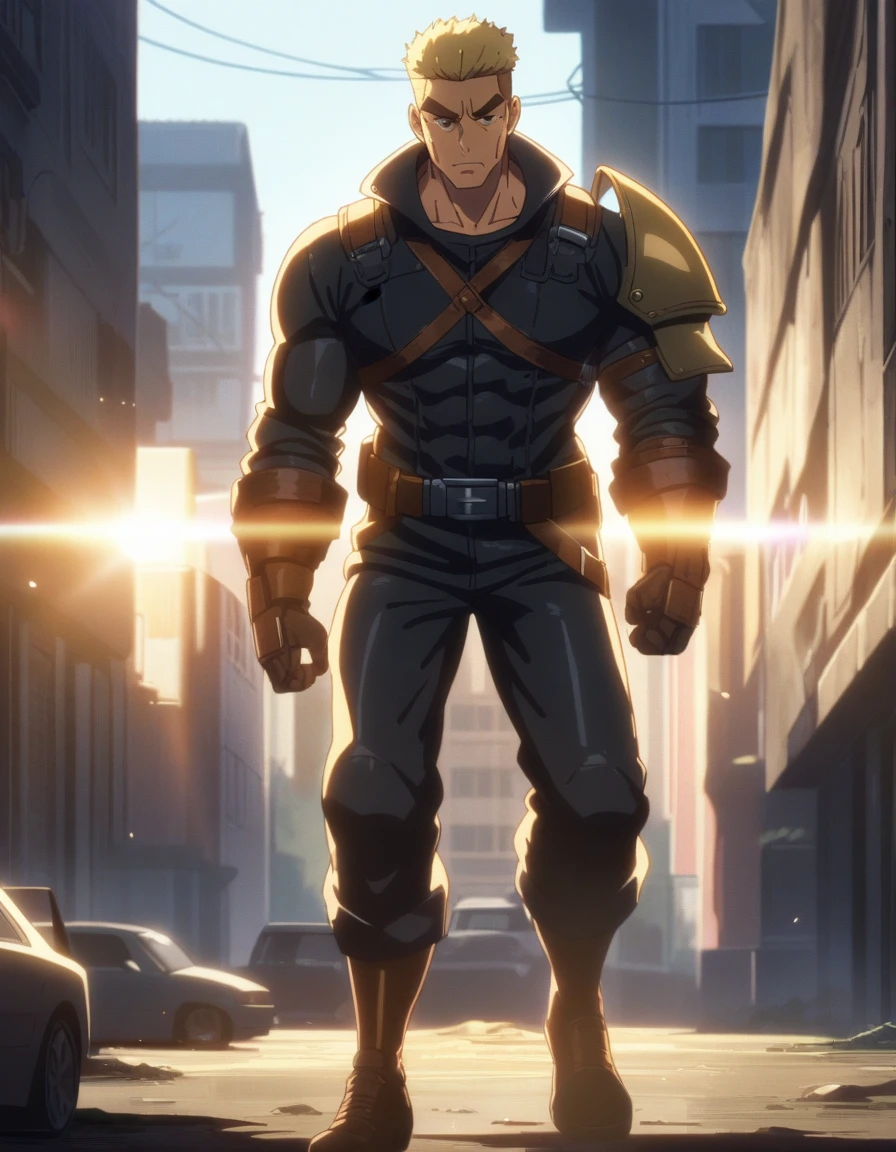 1guy, muscular, gunslinger in sf, solo, male ideal ratio body proportions, latex suit, fullbody, 50yo, facial wrinkles, blonde, crewcut, [thick eyebrow, sanpaku, small eyes], wideshot, looking at veiwer, gauntlet, shoulder armor, greave, trench coat, Post-apocalyptic, 1990s, cinematic shadows, cinematic lighting, lens flare, light leaks, blown effect, [[[[[anime screencap]]]]], VHS quality