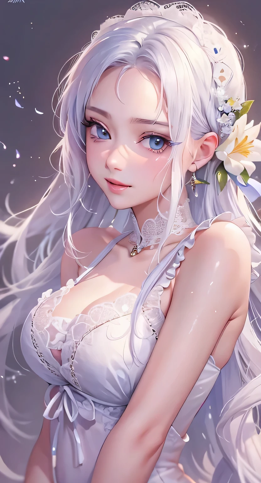 ((highest quality)), ((masterpiece)), (Get used to it), Perfect Face , masterpiece、highest quality、High resolution、High-quality images、8k, 1 female、Skin Radiance、Texture of skin and clothing、Expression of fine eyes、Shiny white hair,Girl with long braided hair, Manga inspired by Lee Jong-suk, Trending on deviantart, realism, detailed manga style, Manga art style, Perfect Line Drawing, Beautiful line art, digital manga art girl, K-POPアイドル, Beautiful white eyes, Lips become thicker, Gorgeous face with attention to detail, (Cute Smile), charm, Innocent, Side view, (Perfectly detailed face), (Beautiful Hands) Photorealistic images, Written boundary depth, 20th Generation ,beautiful girl , White lily flower , Lace dress , Medium Chest , protruding shoulders , I can see her cleavage , White lily flower , There are many white lily flowers in the background. ,