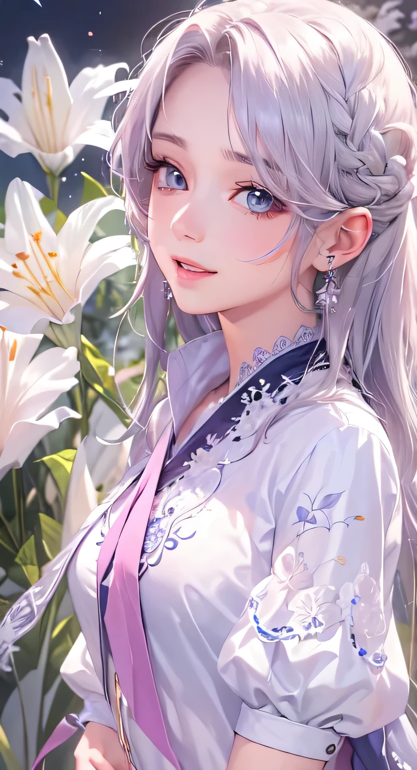 ((highest quality)), ((masterpiece)), (Get used to it), Perfect Face , masterpiece、highest quality、High resolution、High-quality images、8k, 1 female、Skin Radiance、Texture of skin and clothing、Expression of fine eyes、Shiny white hair,Girl with long braided hair, Manga inspired by Lee Jong-suk, Trending on deviantart, realism, detailed manga style, Manga art style, Perfect Line Drawing, Beautiful line art, digital manga art girl, K-POPアイドル, Beautiful white eyes, Lips become thicker, Gorgeous face with attention to detail, (Cute Smile), charm, Innocent, Side view, (Perfectly detailed face), (Beautiful Hands) Photorealistic images, Written boundary depth, 20th Generation ,beautiful girl , White lily flower , Lace dress , Medium Chest , protruding shoulders , I can see her cleavage , White lily flower , There are many white lily flowers in the background. ,