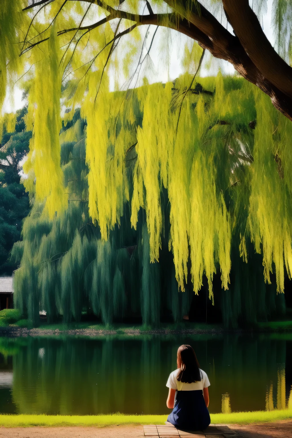 From a distance of 10 meters, the camera captures a serene scene: a young woman finds tranquility under the shelter of a willow tree, its branches swaying gently in the breeze. The camera's perspective ensures both the girl and the tree are viewed from afar, emphasizing the peaceful solitude of the moment. 🎥