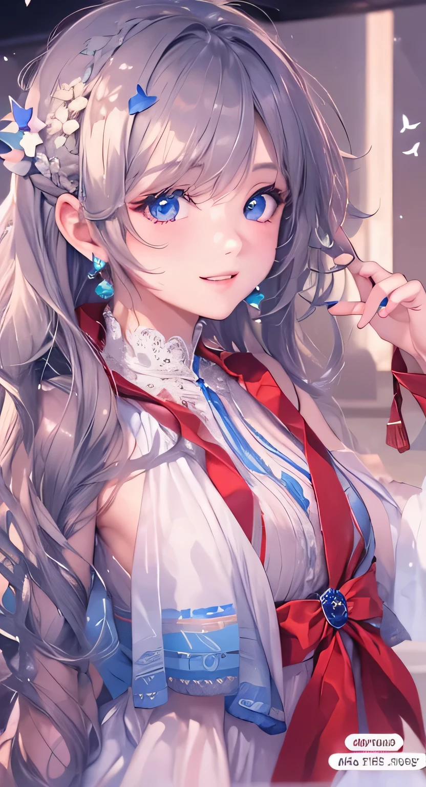 ((highest quality)), ((masterpiece)), (Get used to it), Perfect Face , masterpiece、highest quality、High resolution、High-quality images、8k, 1 female、Skin Radiance、Texture of skin and clothing、Expression of fine eyes、Shiny dark blue hair,Girl with long braided hair, Manga inspired by Lee Jong-suk, Trending on deviantart, realism, detailed manga style, Manga art style, Perfect Line Drawing, Beautiful line art, digital manga art girl, K-POPアイドル, Beautiful Blue Eyes, Lips become thicker, Gorgeous face with attention to detail, (Cute Smile), charm, Innocent, Side view, (Perfectly detailed face), (Beautiful Hands) Photorealistic images, Written boundary depth, 20th Generation ,beautiful girl , Blue Butterfly々 , Lace dress , Medium Chest , protruding shoulders , I can see her cleavage , Blue Butterfly々 , There are many Blue Butterflies in the background々there is ,
