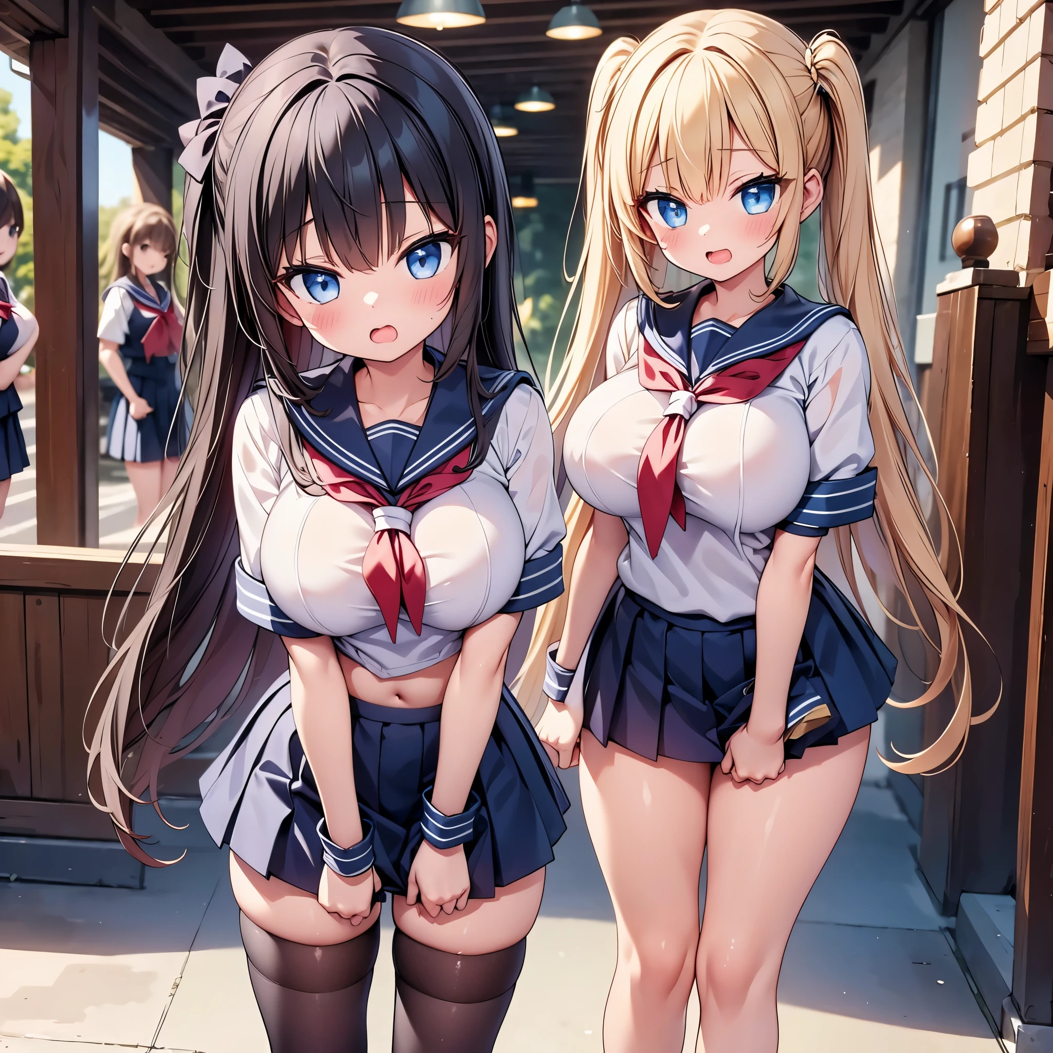 highest quality,wonderful,finely,extremely detailed CG Unity 8K wallpaper,(2girls), (Sailor suit), (Light blue striped underwear),(beautiful ass),(black stockings),(Thighs),(close-up shot of hip)