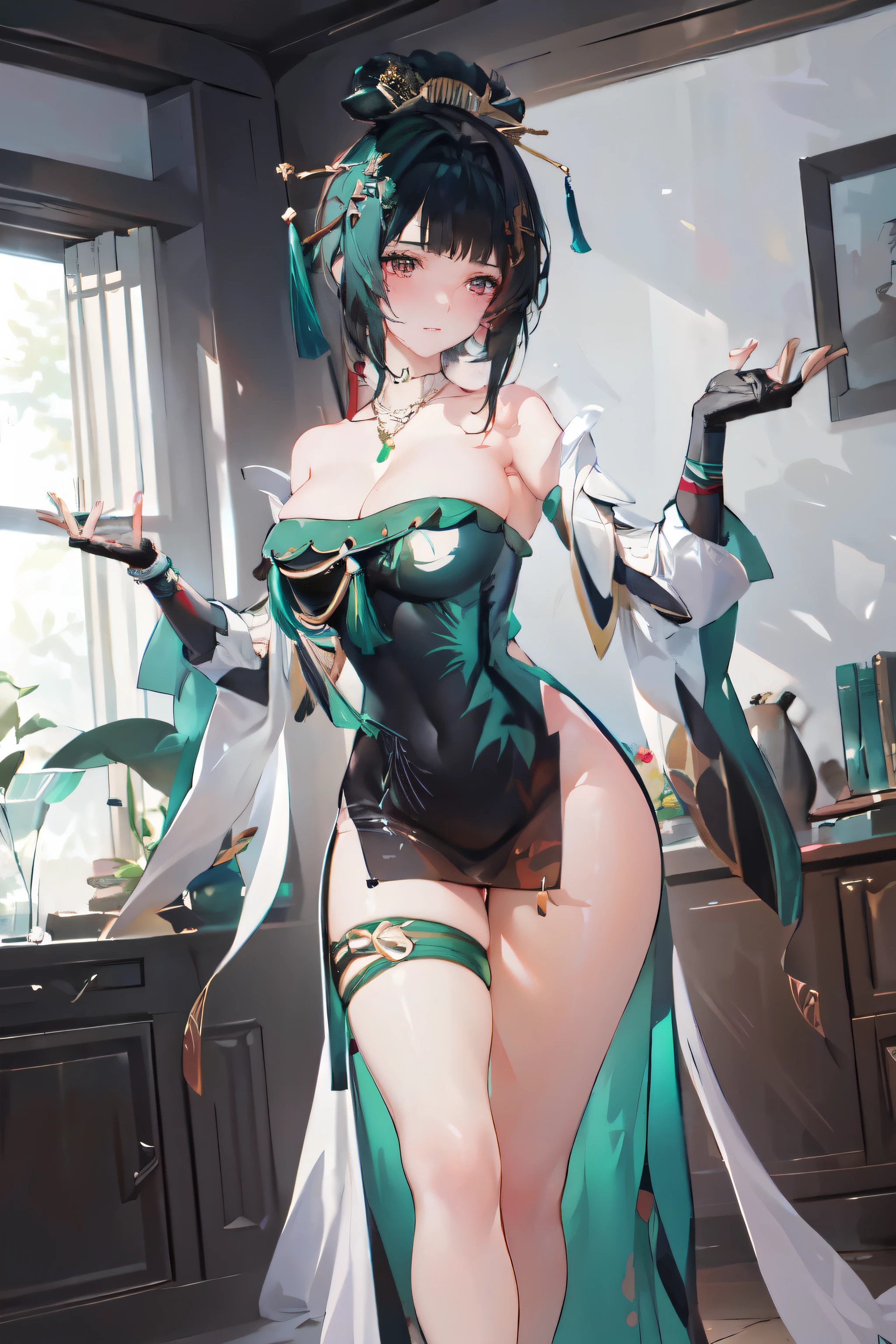 masterpiece, best quality BREAK solo, china dress, highres, 1girl, standing, (large breasts), mature female, hanying, Full body drawing, (masterpiece), (best quality), (hyperdetail), (illustration), ((extremely delicate and beautiful)), (detailed light), (prefect's body), full body drawing, dancer, Hanying, HanYing, sexy, sexy belly, sexy belly line, sexy belly button