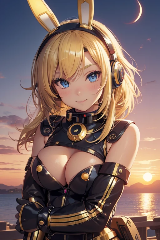 Photo of beautiful jpn-gyaru, masterpiece, 1 girl,
(:1.2), Cyborg girl with blonde bob hair and blue eyes and dark skin, (blonde bob hair: 1.2), big breasts, smile, (mechanical bunny ears headband: 1.2), headphones, (mechanized limb), (crescent moon, sunset:1.3), bayside, shore,