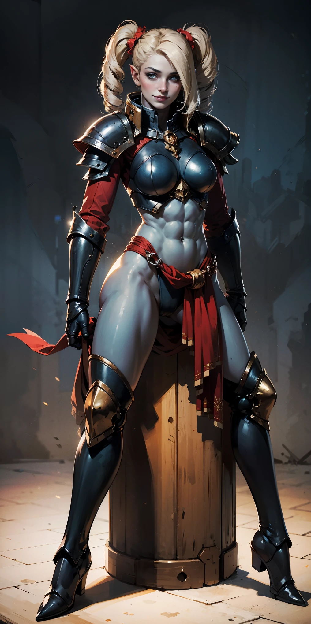 full body sitting on a bench showing  to me, BLUE breastplate, BLUE skin (1girl)(BLUE skin:1.2), looking at viewer, shiny, armor, thigh highs, high boots, pauldrons shoulder armor, faulds, poleyn, gloves, gauntlets, rerebrace armored boots, (masterpiece, best quality, ultra-detailed, best shadow) yordle pointy ears muscular lean platinum blonde long twin-tails hairstyle at the office  smirking smile face red blushed, blush, strong abs, female body builder, tiara, twin drills hair