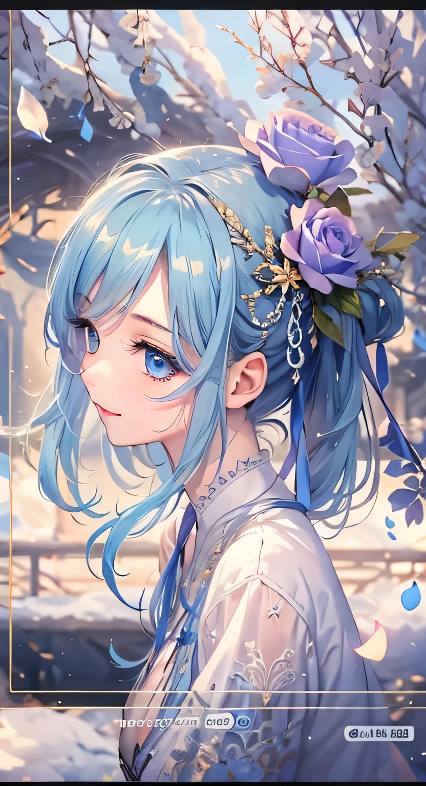 ((highest quality)), ((masterpiece)), (Get used to it), Perfect Face , masterpiece、highest quality、High resolution、High-quality images、8k, 1 female、Skin Radiance、Texture of skin and clothing、Expression of fine eyes、Shiny dark blue hair,Girl with long braided hair, Manga inspired by Lee Jong-suk, Trending on deviantart, realism, detailed manga style, Manga art style, Perfect Line Drawing, Beautiful line art, digital manga art girl, K-POPアイドル, Beautiful Blue Eyes, Lips become thicker, Gorgeous face with attention to detail, (Cute Smile), charm, Innocent, Side view, (Perfectly detailed face), (Beautiful Hands) Photorealistic images, Written boundary depth, 20th Generation ,beautiful girl , Green Rose , Lace dress , Medium Chest , protruding shoulders , I can see her cleavage , Green Rose , There are many green roses in the background ,
