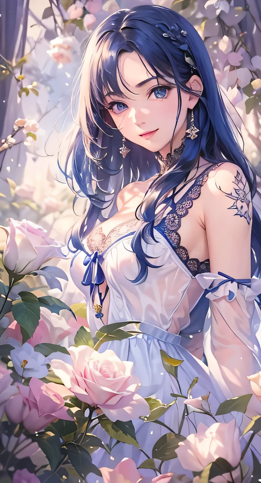 ((highest quality)), ((masterpiece)), (Get used to it), Perfect Face , masterpiece、highest quality、High resolution、High-quality images、8k, 1 female、Skin Radiance、Texture of skin and clothing、Expression of fine eyes、Shiny dark blue hair,Girl with long braided hair, Manga inspired by Lee Jong-suk, Trending on deviantart, realism, detailed manga style, Manga art style, Perfect Line Drawing, Beautiful line art, digital manga art girl, K-POPアイドル, Beautiful Blue Eyes, Lips become thicker, Gorgeous face with attention to detail, (Cute Smile), charm, Innocent, Side view, (Perfectly detailed face), (Beautiful Hands) Photorealistic images, Written boundary depth, 20th Generation ,beautiful girl , Green Rose , Lace dress , Medium Chest , protruding shoulders , I can see her cleavage , Green Rose , There are many green roses in the background ,
