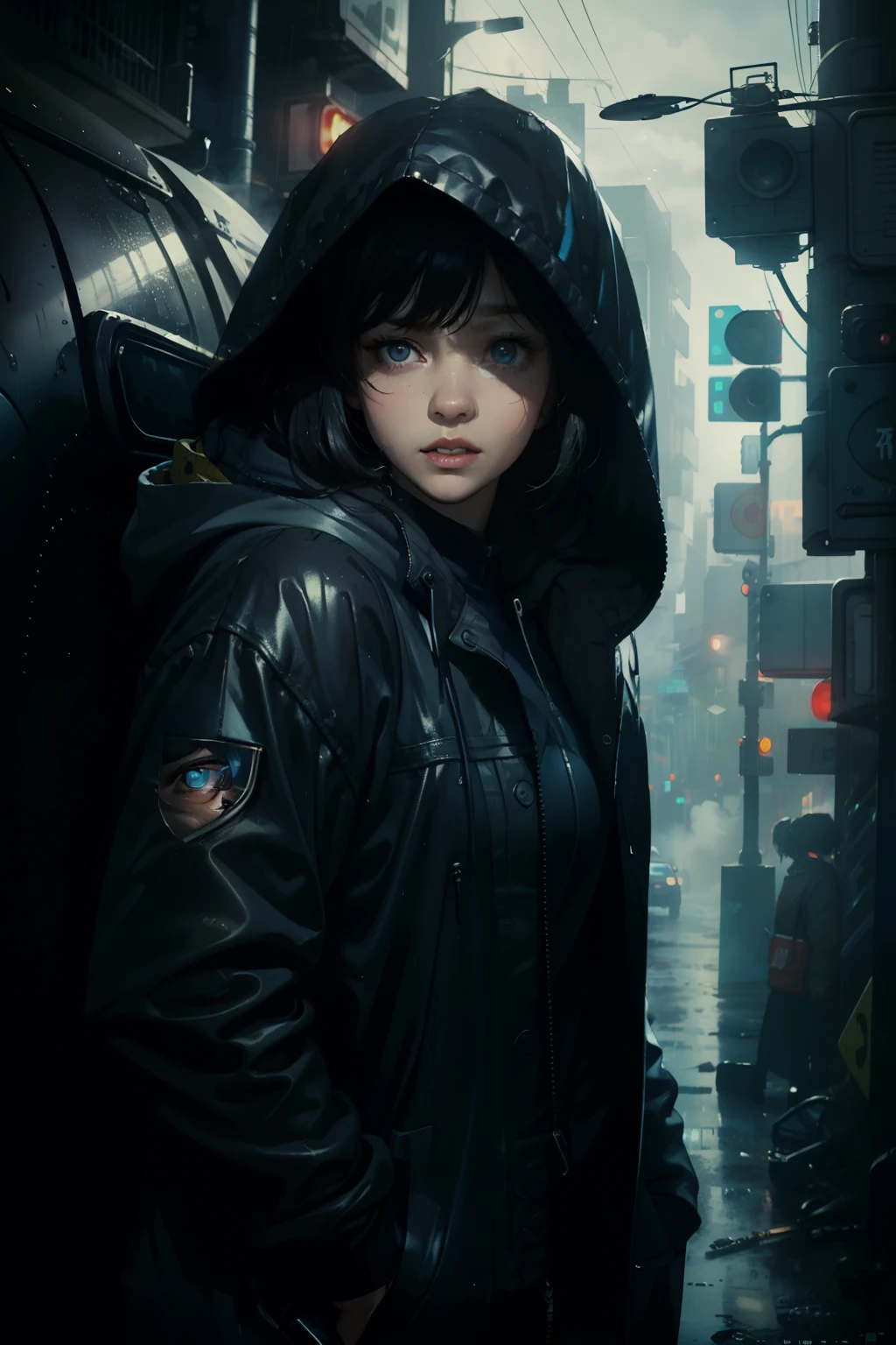 ((highest quality)), ((masterpiece)), (be familiar with), (High definition), (Accurate), (Realistic), (Cinematic), (Best Shadow), (Low contrast), (8K), Perfect Face, ((SYD MEAD style)), manga、mangaデザイン、Storyboard、Frame division、1 Female, Black Hair, very short hair, ((Blue Eyes)), (Replicant), (On the run:1.2 )、Wearing a hooded raincoat、Hollow Eyes、(Scramble crossing), Being chased by the police、(2Police Droneが飛んでいる)、The car is jammed、congestion, congestion, Decadent Future City, NEO TOKYO, A.D.2051, (steam:1.2), It's raining white, evening, (Close-up of face)、Bust Shot