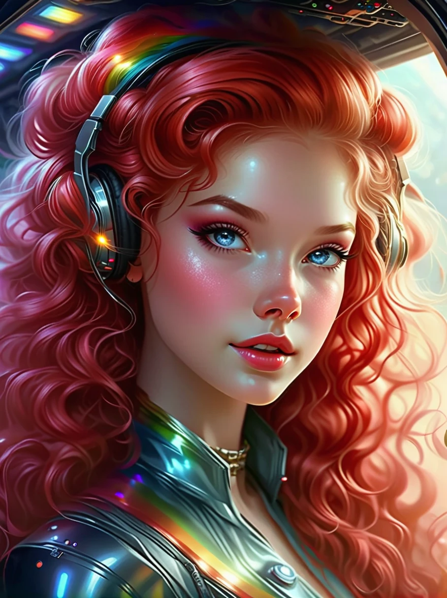 best quality, masterpiece, 8k, Raw (Top view) ((cute redhead,With rainbow-colored hair tips:1.2)), ribbon on hair, 18-year-old female, Happy, Excited expression, Smile, Double tail, Perfect eyes, clear shining blue eyes, Pale skin, silky smooth skin, Porcelain white skin, Fly a luxurious metal spaceship, Futuristic cockpit, She is a pilot lying in the cockpit, Outer space seen from the window, Deep space, Star, galaxy, dark warm light, Wearing futuristic clothes, Wrinkles (shirt) mini skirt (Soft rainbow colors, and dots), Puff sleeves, silk, Wear pantyhose.
