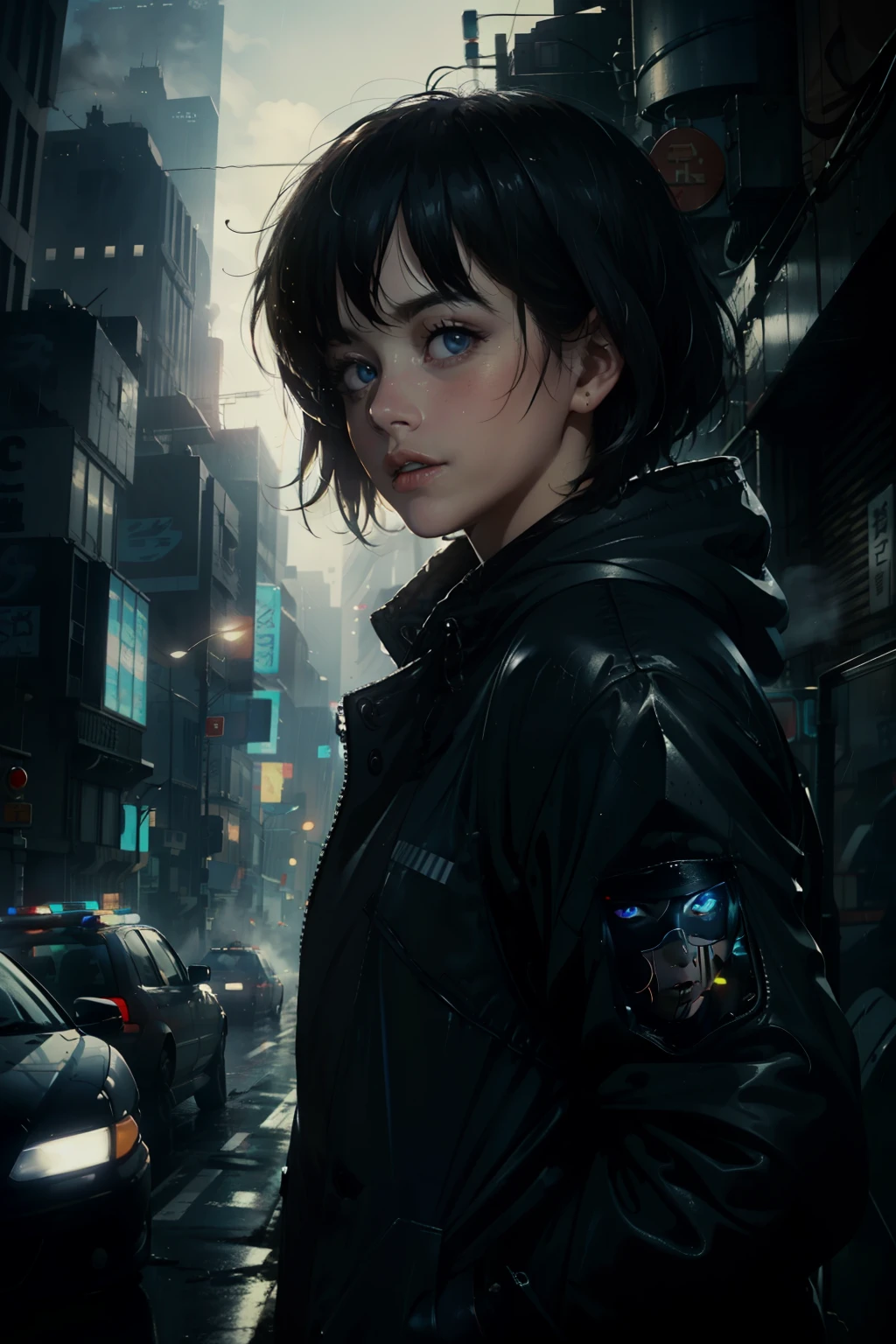 ((highest quality)), ((masterpiece)), (be familiar with), (High definition), (Accurate), (Realistic), (Cinematic), (Best Shadow), (Low contrast), (8K), Perfect Face, ((SYD MEAD style)), manga、mangaデザイン、Storyboard、Frame division、1 Female, Black Hair, very short hair, ((Blue Eyes)), (Replicant), (On the run:1.2 )、Wearing a hooded raincoat、Hollow Eyes、(Scramble crossing), Being chased by the police、(2Police Droneが飛んでいる)、The car is jammed、congestion, congestion, Decadent Future City, NEO TOKYO, A.D.2051, (steam:1.2), It's raining white, evening, (Close-up of face)、Bust Shot