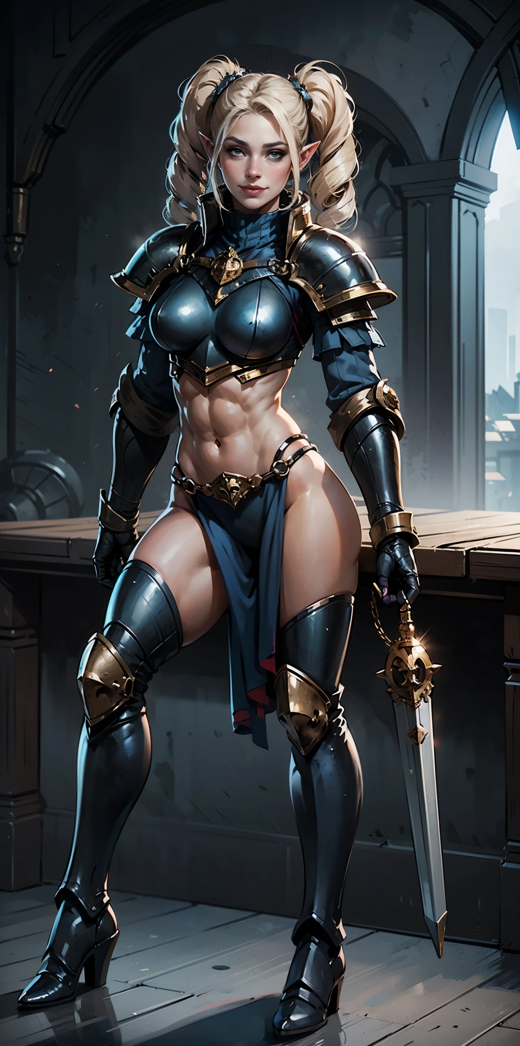 full body sitting on a bench showing ass to me, BLUE breastplate, BLUE skin (1girl)(BLUE skin:1.2), looking at viewer, shiny, armor, thigh highs, high boots, pauldrons shoulder armor, faulds, poleyn, gloves, gauntlets, rerebrace armored boots, (masterpiece, best quality, ultra-detailed, best shadow) yordle pointy ears muscular lean platinum blonde long twin-tails hairstyle at the office lustful smirking smile face red blushed, blush, strong abs, female body builder, tiara, twin drills hair