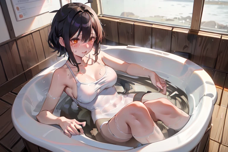 School Swimsuit, Miho Kohinata, Black Hair, Short Hair, Ahoge one piece swimsuit, Watery eye, Punishment, Crying face, scream, I am in agony, Desperately struggling, Like a TV show, whole body, shame, Taking a bath,Bathtub,hot water bath,steam, whole bodyが水槽の中, Bright red skin, Withstands the heat, Being boiled, Hot Water Commercial, The challenge of withstanding boiling water, Boiled in a pot,Ironing, Navy blue swimsuit