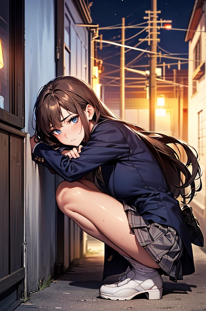 (((night,真night中))),((Perfect Anatomy:1.2,Realistic:1.3,Raw photo:1.3,masterpiece、highest quality、Ultra - High resolution、High resolution、Extremely detailed CG、8k)),Cowboy Shot,((attractive way to sit)),((((Crouching pose)))),1 female,alone,18-year-old、High school girl beautiful girl,Japanese,((Beautiful and exquisite face and eyes:1.2,Big beautiful eyes:1.3,)),((Beautiful woman))、Blonde,Long Hair,(Center parted hair:1.4,amount),Medium chest,((slim body)),Small Head:1.3,skinny,(Brown Skin:1.4),(Oily skin,Glowing Skin,Shiny skin,Sweat:1.2),(school uniform、Dark blue blazer jacket、Checkered pleated mini skirt),Dirty back alley、Tokyo、((Turn your body forward))、((((show panty)))),(lonely),((Feeling melancholy))、Stick out your crotch、(sad)、(Apathy),(Lucky)、((Expressionless))