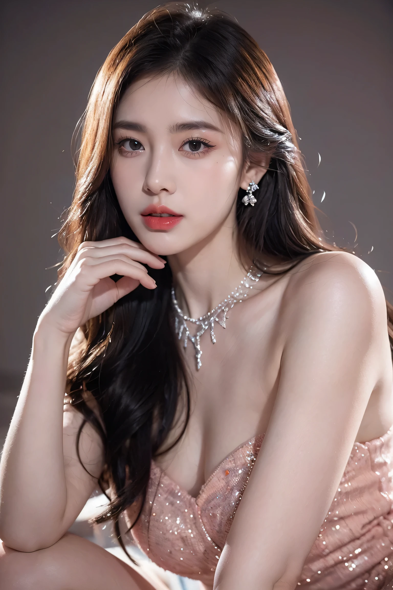 Top CG, Highest image quality, masterpiece, Gentle and beautiful girl, (185cm美女), (fit), Imperial sister, Queen temperament, White skin, ((Long legs)), perfect facial features, Bright Eyes, Seductive pose, Red lips, Beautiful and cold (A major breakthrough)), Beautiful and heroic, Soft and long hair, Glittering, Lace, net, Visible through clear skin, wear glasses, diamond earrings, ruby neckLace, (Pink dress), 8K Image Quality, (Realistic Portraits), Characters fill the screen, (Facial lighting), ((eternal)