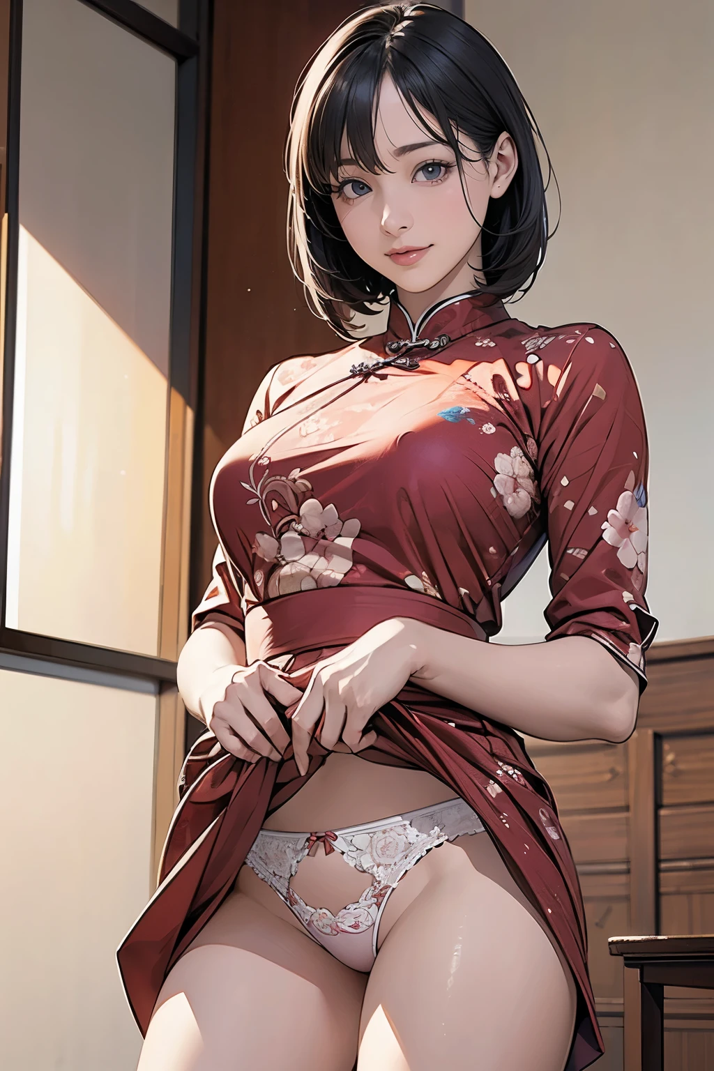 (masterpiece、highest quality)、(Photorealistic:1.4)、 Mature Woman, Beautiful thighs、Front view、1 girl、30 years old、Perfect Face、Symmetrical cute face、(Short Hair、Black Hair)、Big eyes、Long eyelashes、((expensive))、Beautiful Hair、Beautiful Face、Beautiful and beautiful eyes、Perfect Proportions、Beautiful breasts、Beautiful feet、Beautiful fingers、((High quality fabric、Bright floral patterned Chinese dress、Skirt flip))、(To the hospital)、Are standing、 (smile), (((Skirt lift with both hands、panties are visible)))
