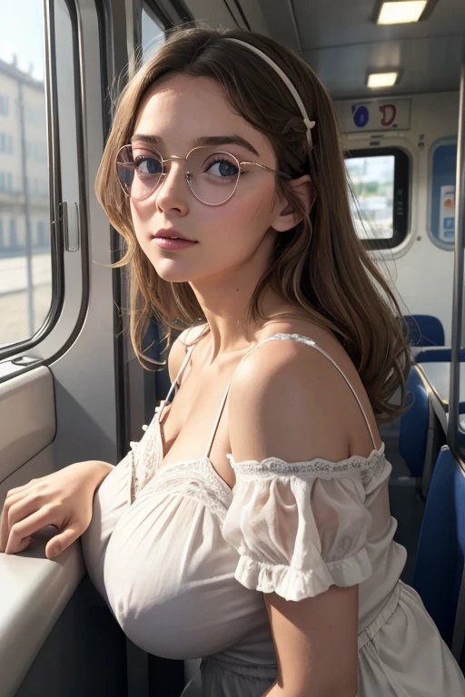 institutrice de 40 ans, grasse, grosses fesses, very large breast, chemise blanche largement déboutonnée sur la poitrine et jupe très courte plissée, avec des lunettes, wide-eyed, squinting, very drunk, ivre morte, titubante, completely drunk, cigarette à la main, dans une classe, affalée sur un pupitre, un doigt sur la bouche, regardant un enfants de 7 ans en train de rougir assis de l'autre côté du pupitre.